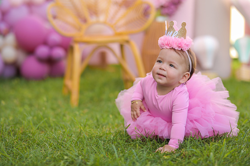 One Year Old Party Celebration, First Birthday , Pink Colour Consept , Crawling Girl