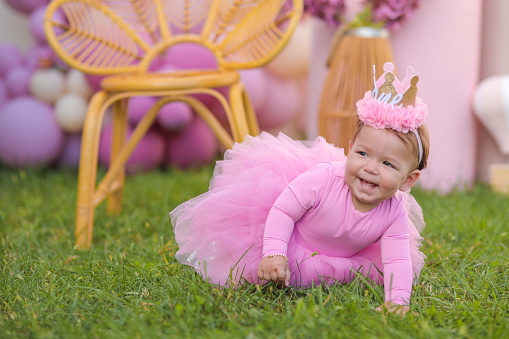 One Year Old Party Celebration, First Birthday , Pink Colour Consept , Crawling Girl