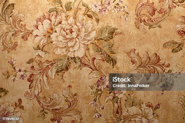 Closeup Of Beige Vintage Wallpaper With Floral Pattern Stock Photo - Download Image Now