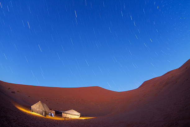 istock Illuminated camp in Sahara desert night with moving stars 177849229