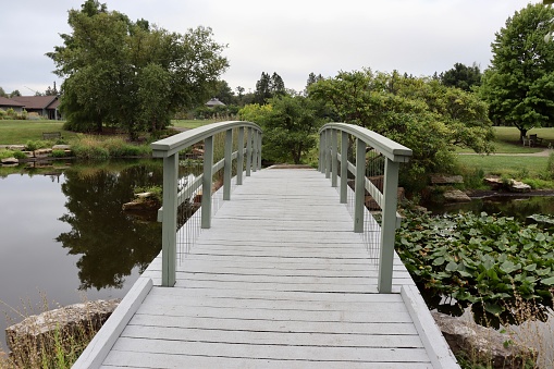 Suspension bridge over water pond inside the forest.