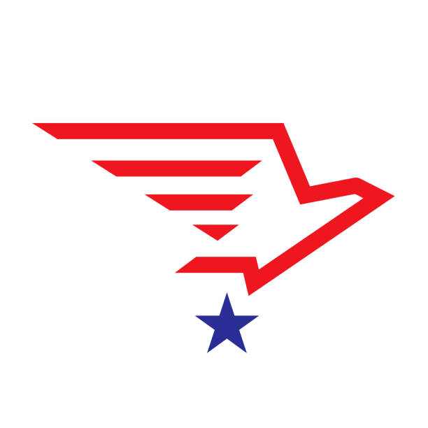 대머리 독수리가 별을 잡습니다. 우아한 로고 마크 템플릿 또는 날개에 줄무늬가 있는 비행 새의 엠블럼 - symbol military star eagle stock illustrations