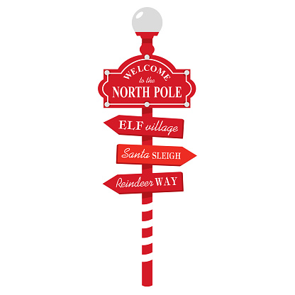 Red striped North Pole road sign. Christmas sign with lantern and arrows elf village, Santa sleigh, reindeer way. Illustrated vector clipart.