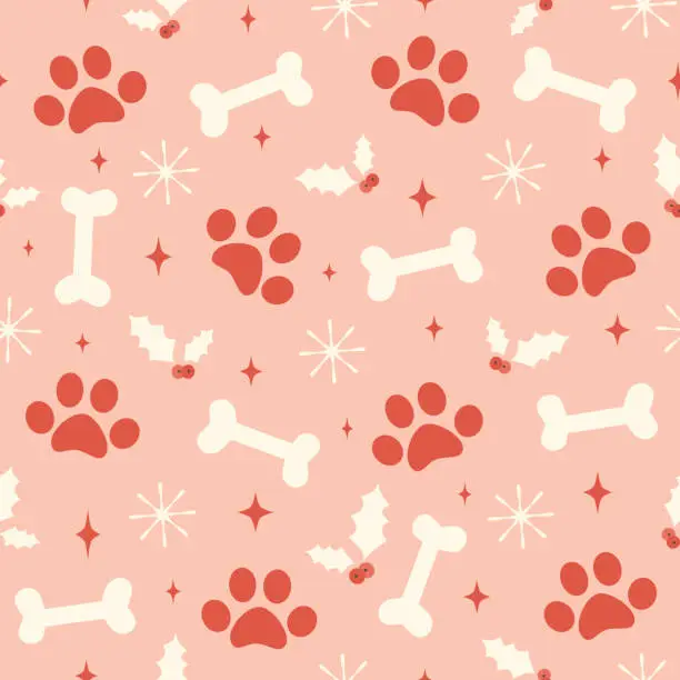 Vector illustration of cute christmas seamless vector pattern background illustration with red paw prints, bones, stars, mistletoe and snowflakes
