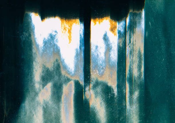 Glitch distortion. Old film. Grunge background. Vhs noise glass screen with interference yellow blue white glowing digital texture on black.