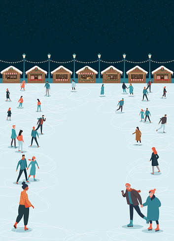 Ice rink on a Christmas market at night. People skating. Design template for your text. Christmas poster or banner