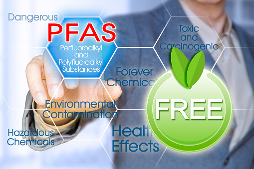 Free from PFAS, PFOS and PFOA dangerous synthetic substances used in products and materials due to their enhanced water-resistant properties - concept