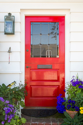 Full vertical view of a red front door of a home with view of mail slot, door bell and plants in front.