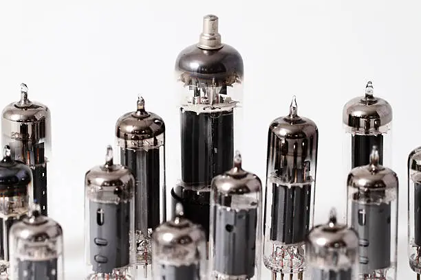 Glass vacuum radio tubes.  Isolated image on white background