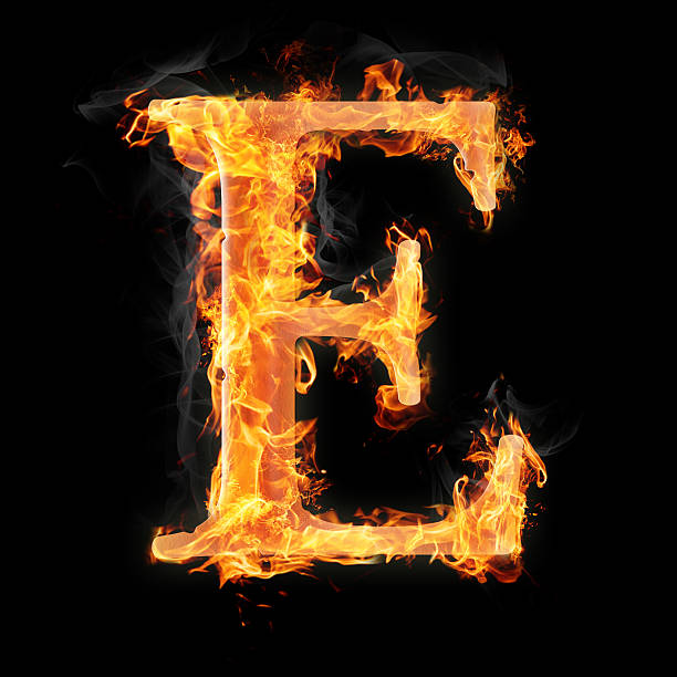 Burning objects and things on fire Letters and symbols in fire - Letter E. fire letter e stock pictures, royalty-free photos & images