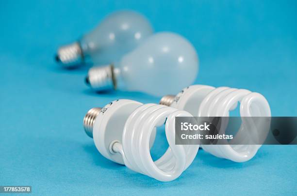 Two Pair Of Light Bulbs New Fluorescent Heat Bulb Stock Photo - Download Image Now - Blue, Bright, Close-up