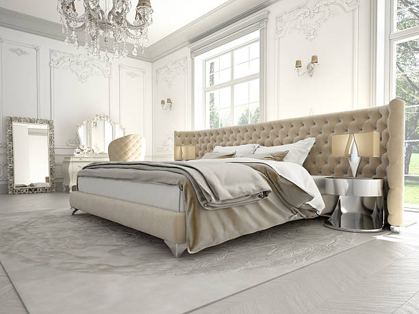 Luxurious bedroom featuring chandelier, hotel style bedding luxury bedroom, 3d chandelier photos stock pictures, royalty-free photos & images