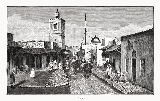 Historical street view of Tunis - capital and largest city of Tunisia. Nostalgic scene from the past. Wood engraving, published in 1894.