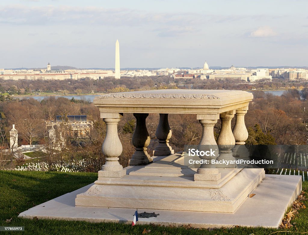 Memorial to Robert E Lee in Arlington Cemetery Memorial table outside Arlington House in Cemetery overlooks Washington DC at sunset Cemetery Stock Photo