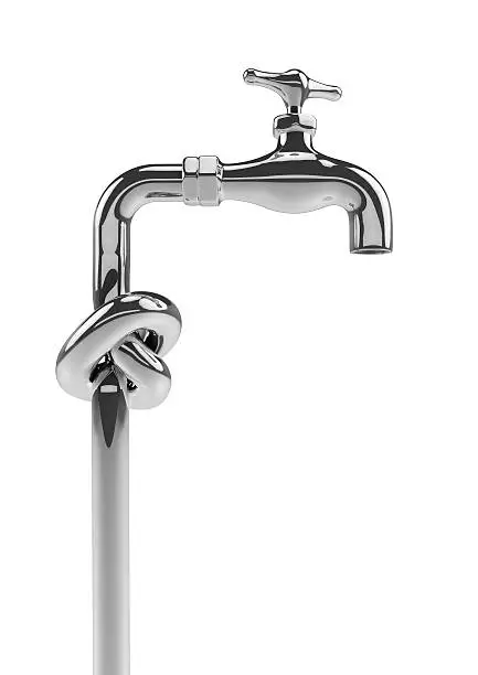 3D render of chrome tap with knotted pipe
