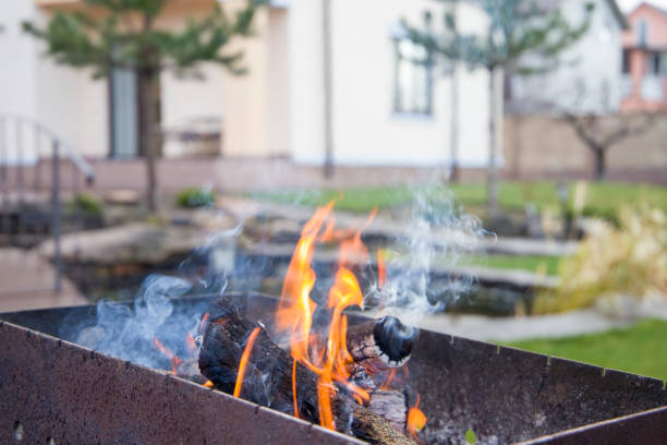 fire in the grill, burning firewood