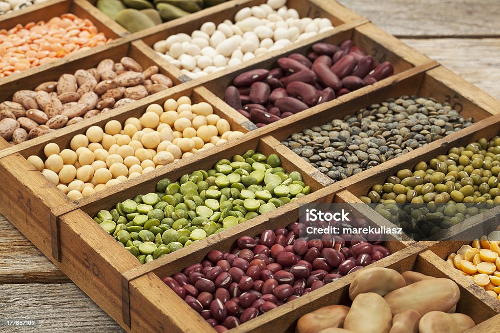 legume abstract assorted legumes: green, red and French lentils, soybean, green and yellow pea, fava bean, kidney, mung, adzuki bean  in a wooden box Abstract Stock Photo