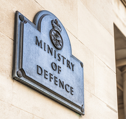 A sign for the British Government Ministry Of Defence in Whitehall, central London.