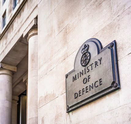 A sign outside the UK government Ministry Of Defence building in Whitehall, London.