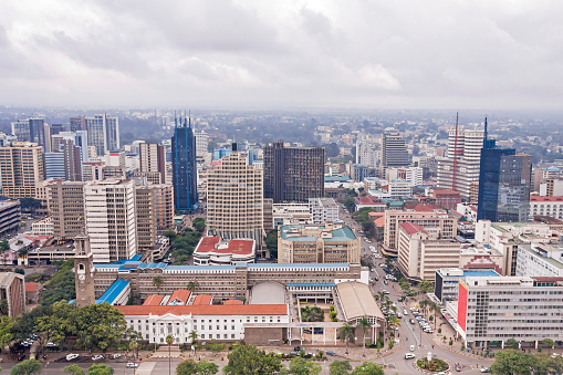 Central business district of Nairobi capital of Kenya. Panorama viewed from helipad on the roof of Kenyatta International Conference Centre (KICC) 30-storey building the highest point in the city.