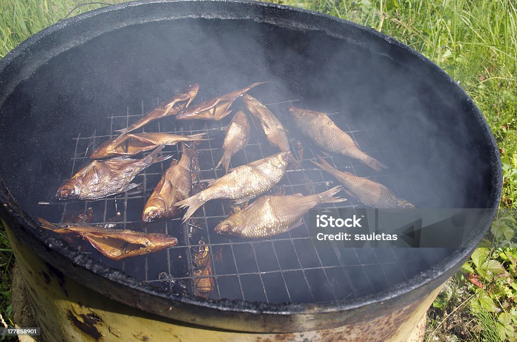 Nahaufnahme des fish Rauchen für Speisen in retro-Hemd - Lizenzfrei Räucherei Stock-Foto