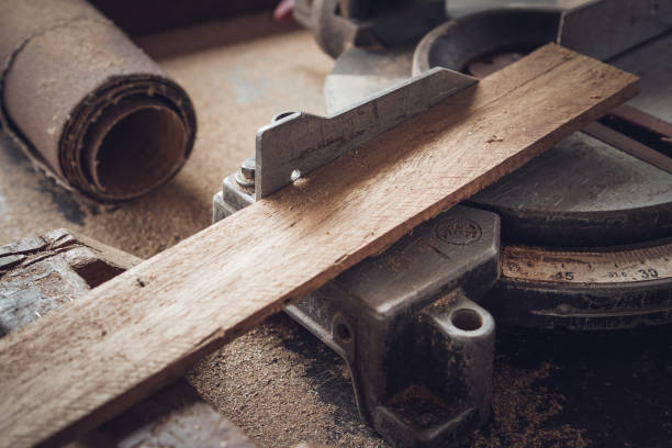 istock Close up of wood board and carpentry tool on the workshop table 1778608334