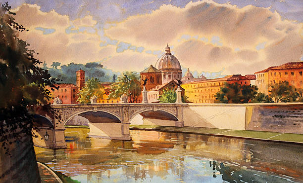 Rome, Italy. Basilica Sant Pietro, Tiber river and Ponte Vittorio Emanuele, Vatican, Rome, Italy. tiber river stock illustrations