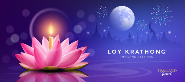 Loy krathong thailand festival, realistic pink lotus flower, candle, fireworks at moonnight banner design blue background Loy krathong thailand festival, realistic pink lotus flower, candle, fireworks at moonnight banner design blue background, eps10 vector illustration loi krathong stock illustrations