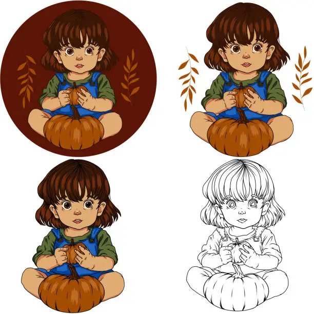 Vector illustration of Baby Girl Harvesting Pumpkin