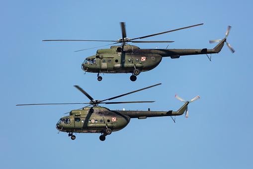 Radom, Poland - August 26, 2023: Polish Army Mil Mi-8 transport helicopter. Aviation and military rotorcraft.