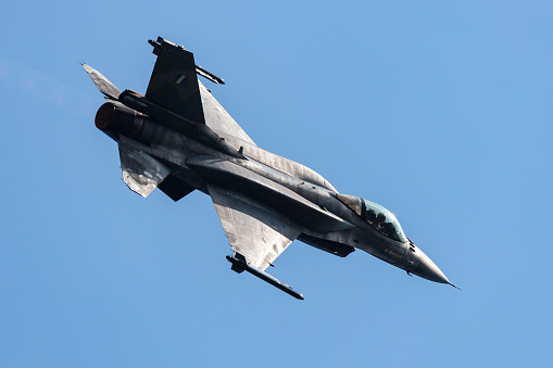 Radom, Poland - August 27, 2023: Hellenic Air Force Lockheed F-16 Fighting Falcon fighter jet plane flying. Aviation and military aircraft.