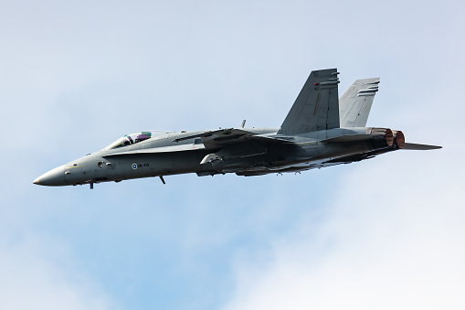 Radom, Poland - August 27, 2023: Finnish Air Force Boeing F-18 Hornet fighter jet plane flying. Aviation and military aircraft.