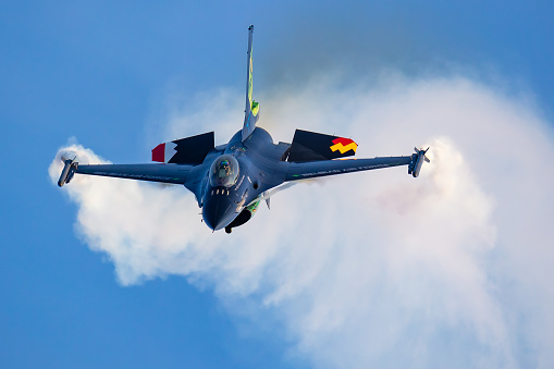 Radom, Poland - August 27, 2023: Belgian Air Force Lockheed F-16 Fighting Falcon fighter jet plane flying. Aviation and military aircraft.