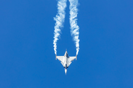 Ostrava, Czech Republic - September 16, 2023: Hungarian Air Force SAAB JAS 39 Gripen fighter jet plane flying. Aviation and military aircraft.