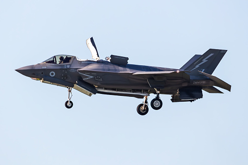 Ostrava, Czech Republic - September 16, 2023: Royal Air Force Lockheed F-35B Lightning II stealth fighter jet plane flying. Aviation and military aircraft.