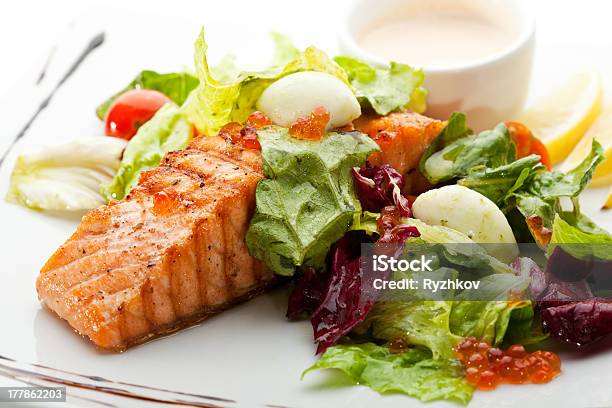 Salmon Steak Stock Photo - Download Image Now - Barbecue - Meal, Cherry Tomato, Close-up