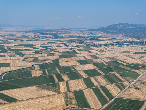 Aerial view of agricultural fields in Konya, Turkey. Taken via drone.