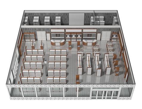 Isometric view of the trading floor of the store, building floor model. 3d illustration