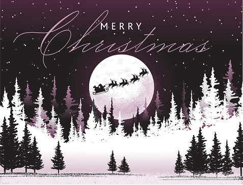 Vector illustration of a Merry Christmas greeting with Santa Claus Sleigh and reindeer flying in winter night sky, large full moon with snow above winter trees horizon. Includes high resolution jpg and vector eps. Easy to edit.