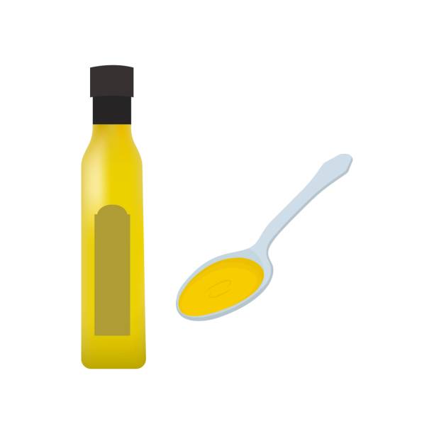 Olive oil glass bottle Olive oil glass bottle with Spoon of olive oil. Vector illustration on white background. olive oil pouring antioxidant liquid stock illustrations