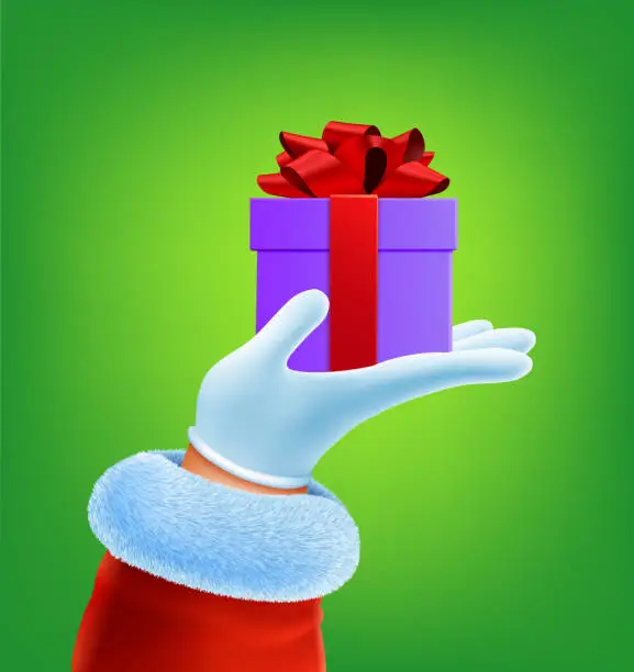 Vector illustration of Hand of Santa Claus in a White Glove Gives a Gift on a Green Background