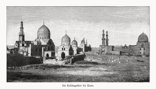 gräber der kalifen, kairo, ägypten, holzstich, erschienen 1894 - egypt islam cairo mosque stock-grafiken, -clipart, -cartoons und -symbole