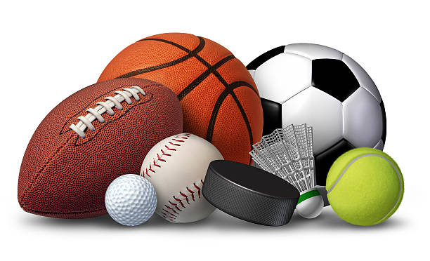 Sports Equipment Sports equipment with a football basketball baseball soccer tennis and golf ball and badminton hockey puck as recreation and leisure fun activities for team and individual playing. sports equipment stock pictures, royalty-free photos & images