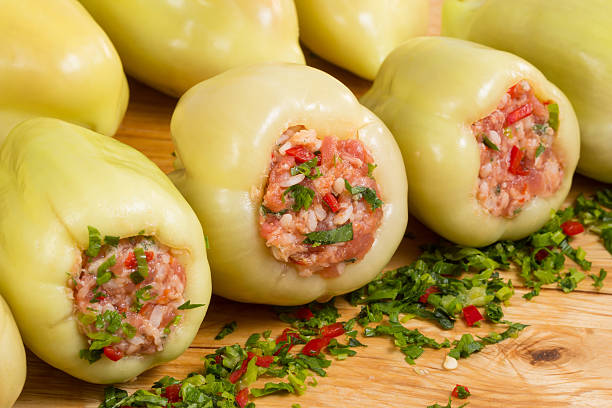 Stuffed yellow peppers stock photo