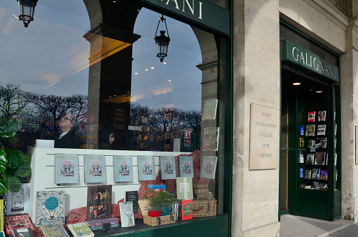 Paris, France - March 16, 2023: Exterior of the first English bookshop  established on the continent in the center of Paris, France.