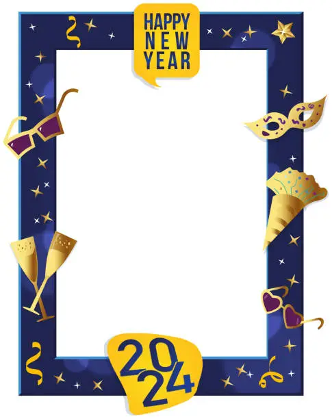Vector illustration of Frame for photos or decoration in New Year 2024 in blue and gold. Photo booth