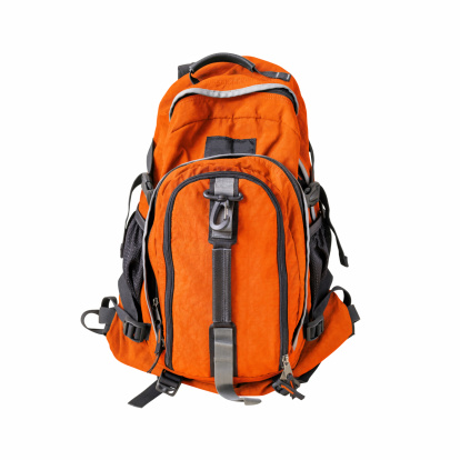 A high-resolution image of an isolated orange-colored rucksack on white background. High-quality clipping path included.