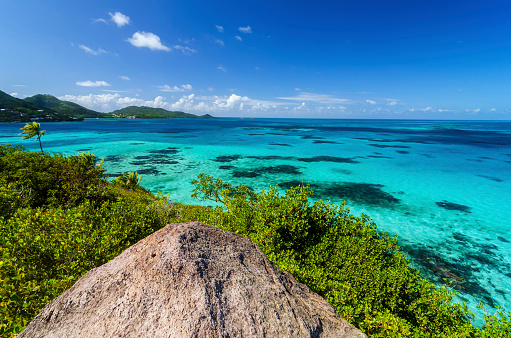 View of Caribbean Sea and Providencia as seen from the top of Crab Caye in San Andres y Providencia, Colombia