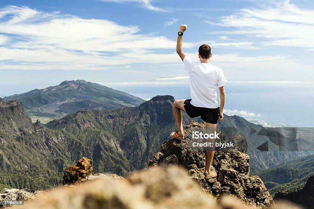 Człowiek triumphantly na szczycie gór - Zbiór zdjęć royalty-free (Aktywny tryb życia)