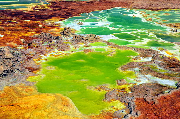 The explosion crater of Dallol volcano, Danakil Depression, Ethiopia The volcanic explosion crater of Dallol in the Danakil Depresseion in Nothern Ethiopia. The Dallol crater was formed during a phreatic eruption in 1926. This crater is known as the lowest subaerial vulcanic vents in the world. The surreal colours are caused by green acid ponds and iron oxides and sulfur. danakil depression stock pictures, royalty-free photos & images